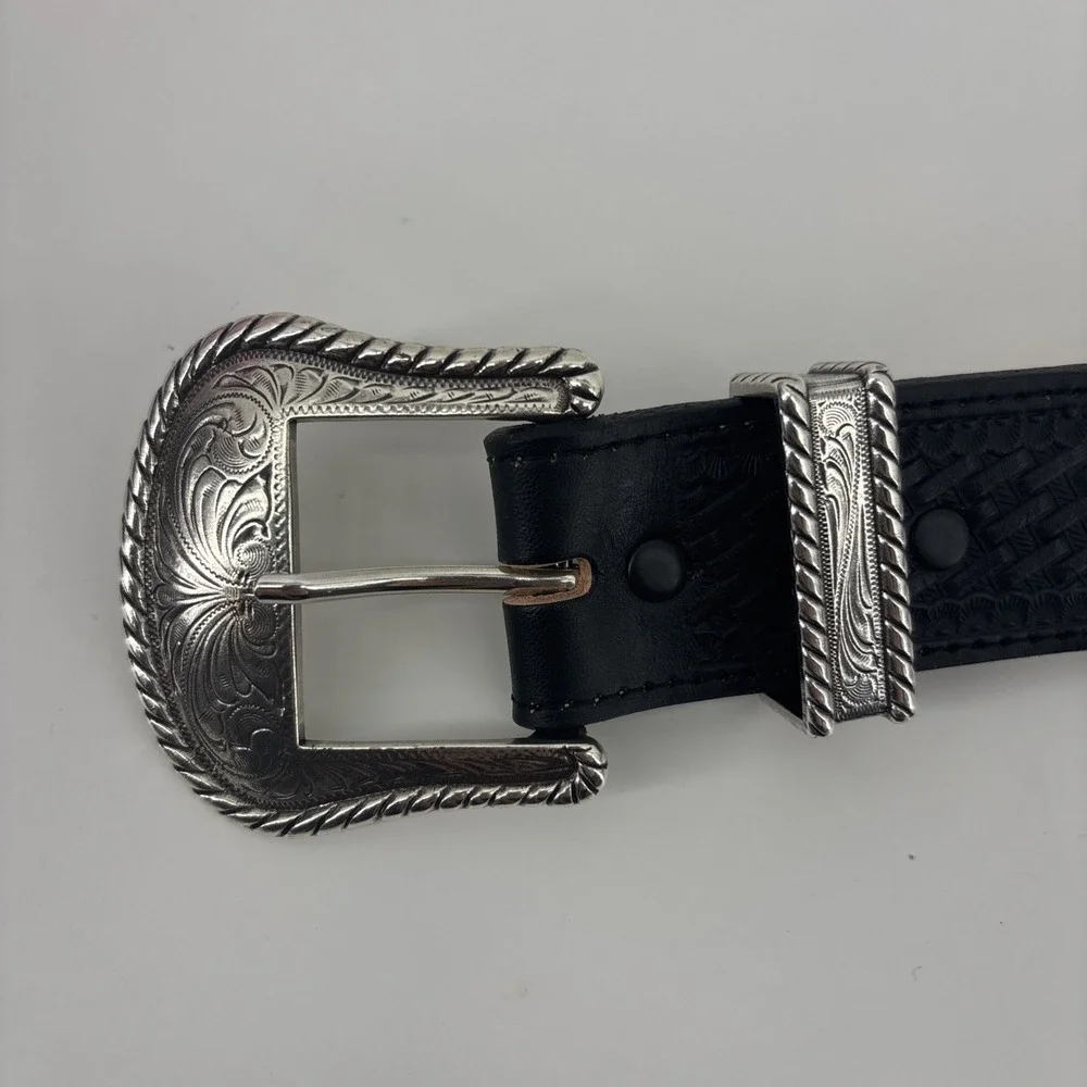 Justin C12263‎ Black Leather Bronco Western Belt Size 40 Woven EUC Made In USA